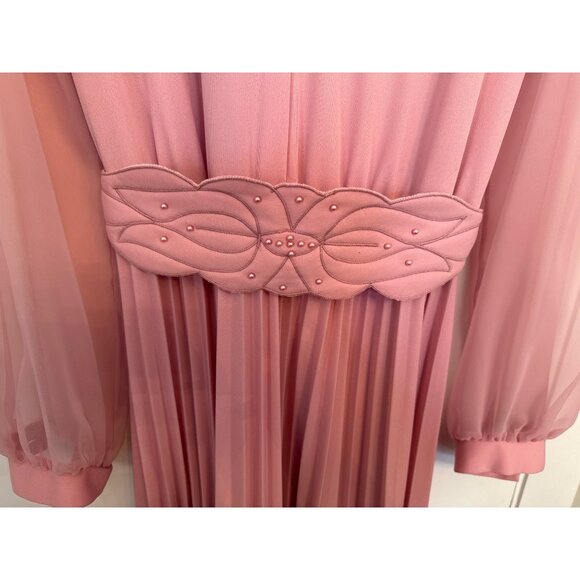 Vintage Maxi Dress Pink V Neck Sheer Sleeves Elastic Waist Embellished Waistband - Picture 3 of 5